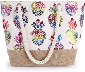 Large Canvas Pineapple Tote Bag with Zipper for Women Travel Shopping Rope Handle Beach Handbag