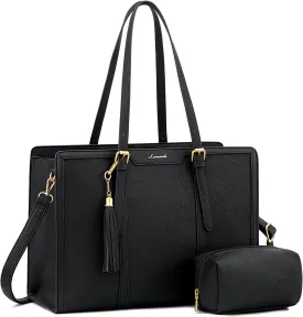 LOVEVOOK Laptop Bag for Women Vintage Leather Laptop Tote 15.6 inch Large Capacity Computer bag with Clutch Purse for Work
