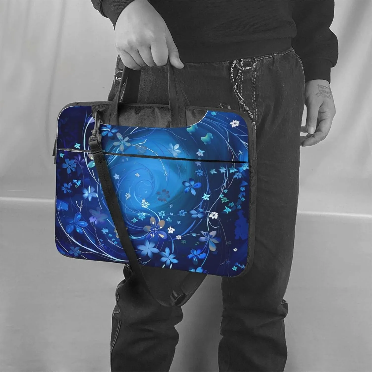 Mini Flower Swirl Print Laptop Tote Bag Travel Business Computer Bag Work Bag for Men Women Blue