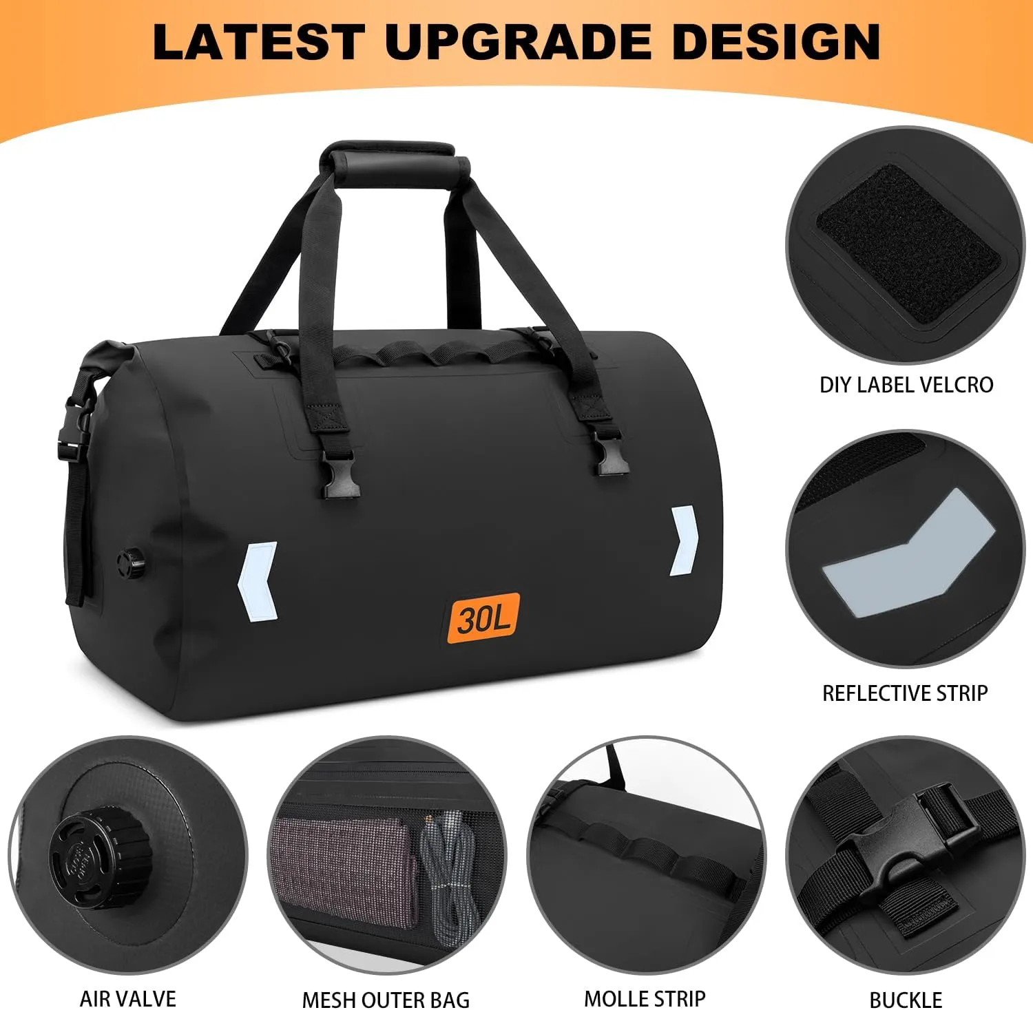 Motorcycle Dry Bag, Waterproof Duffel Bag & Roll-top Dry Duffel Bag, Motorcycle Luggage Travel Bag with Air Valve & Quick-fixed Straps For Riding,Travel, Black, 30L