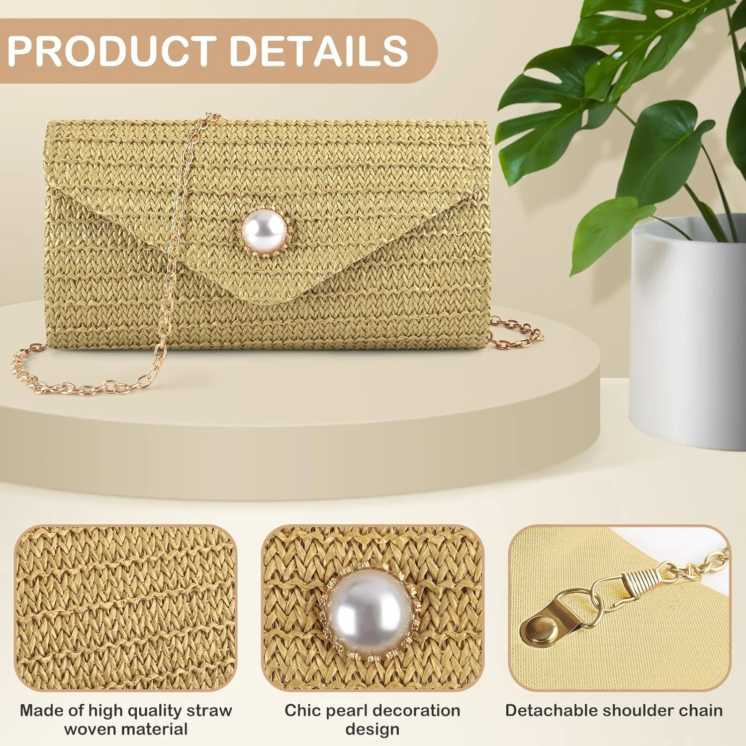 PACETAP Straw Clutch Purse for Women, Pearl Decoration Boho Crossbody Bags Handbags for Beach Travel Vacation Party Prom