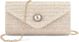 PACETAP Straw Clutch Purse for Women, Pearl Decoration Boho Crossbody Bags Handbags for Beach Travel Vacation Party Prom