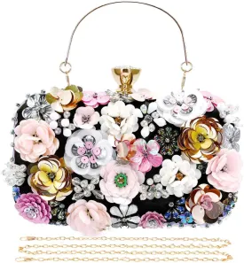 Selighting Colorful Flower Clutch Purse for Women Formal Evening Bag Beaded Pearl Purse for Wedding Prom Party Handbags