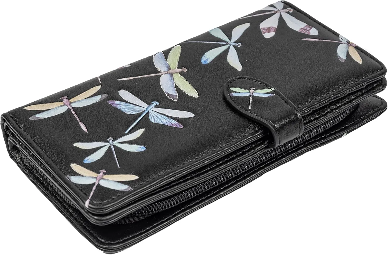 Shag Wear Women's Premium Vegan Clutch Cardholder Wallet Zipper Purse with Pretty Dragon Flies, Black