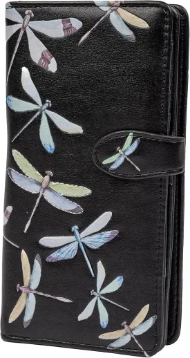 Shag Wear Women's Premium Vegan Clutch Cardholder Wallet Zipper Purse with Pretty Dragon Flies, Black