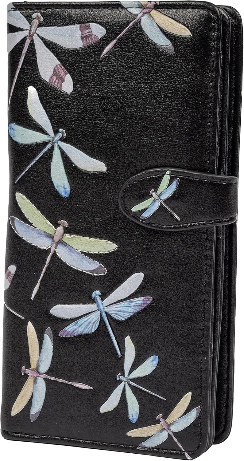 Shag Wear Women's Premium Vegan Clutch Cardholder Wallet Zipper Purse with Pretty Dragon Flies, Black