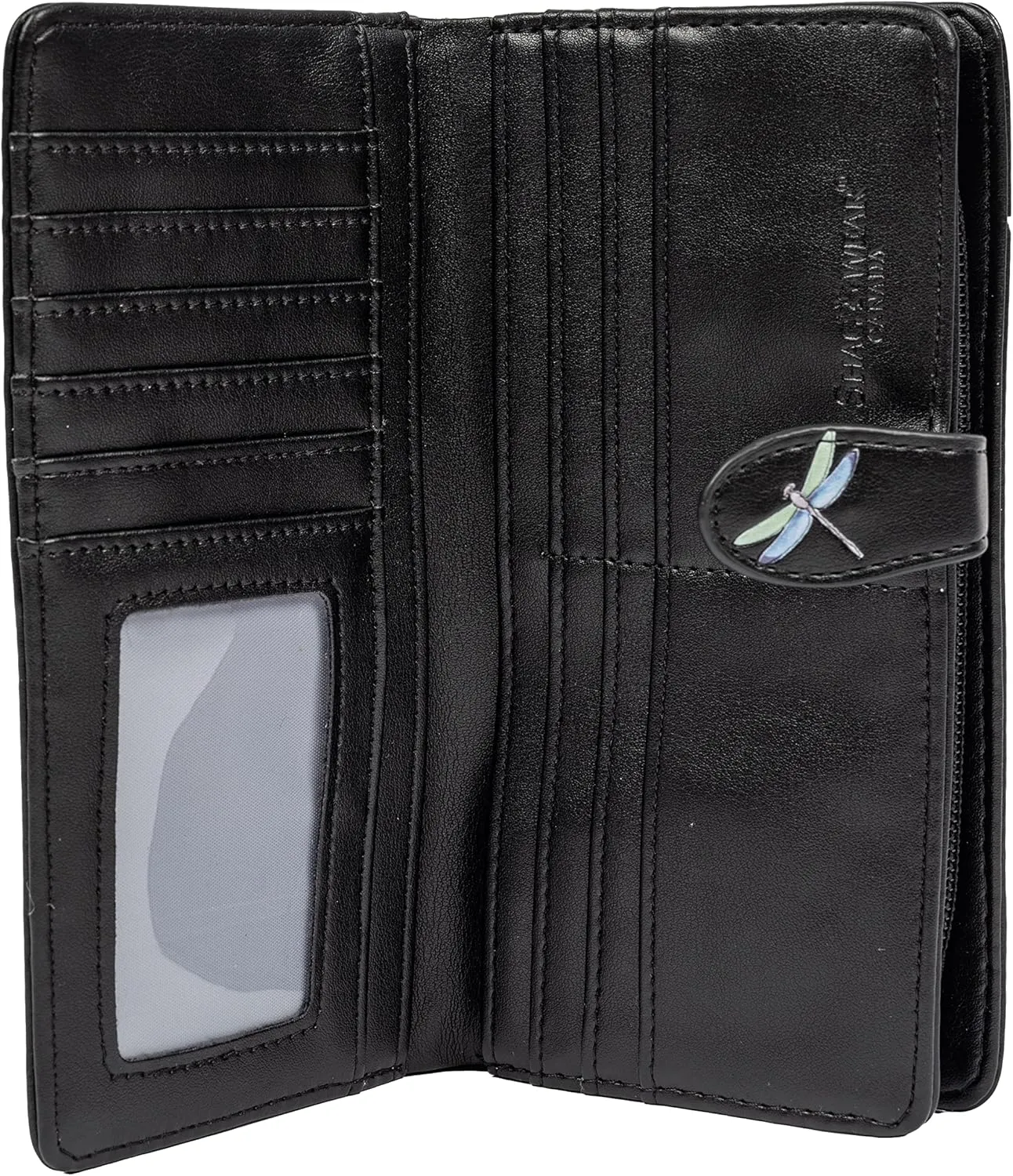 Shag Wear Women's Premium Vegan Clutch Cardholder Wallet Zipper Purse with Pretty Dragon Flies, Black