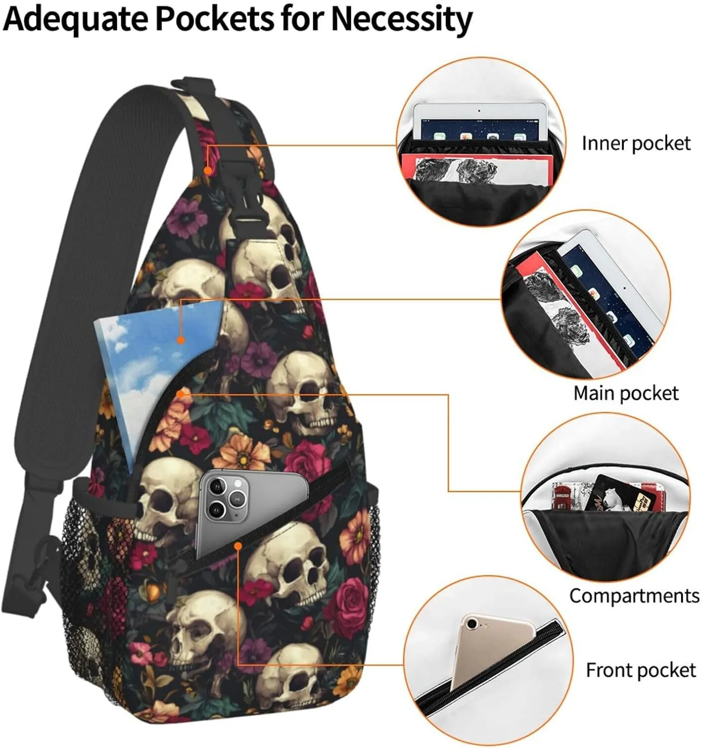Skulls And Flowers Sling Backpack Hiking Backpack Crossbody Bag Sports Lightweight And Durable Chest Bag Shoulder Bag For Women Men
