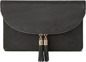 Solene Womens Envelop Clutch Purse Multi Compartments, 6 Card Slot Inside, Crossbody Bag With Tassels