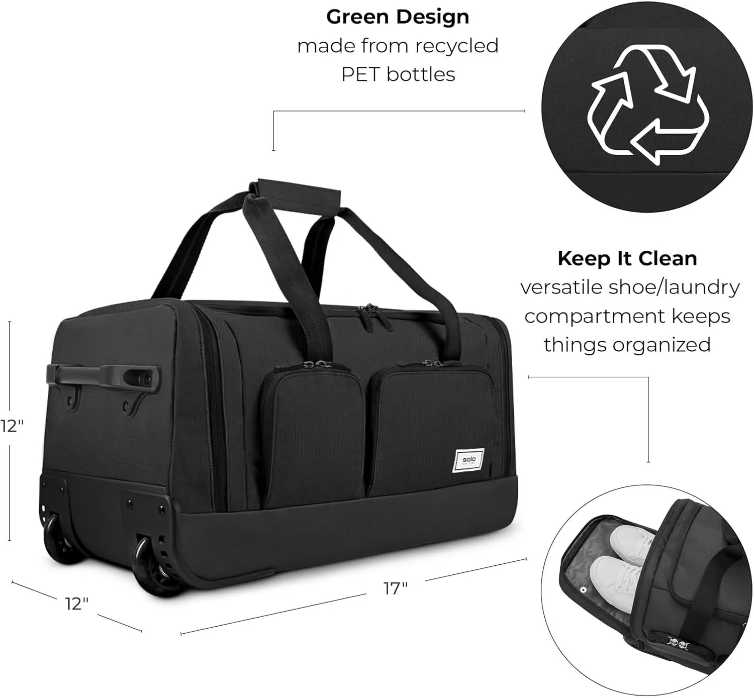 Solo New York Leroy Carry-On Wheeled Duffle Bag, 49L Capacity, Black - Made from Recycled Materials, 22 Inch