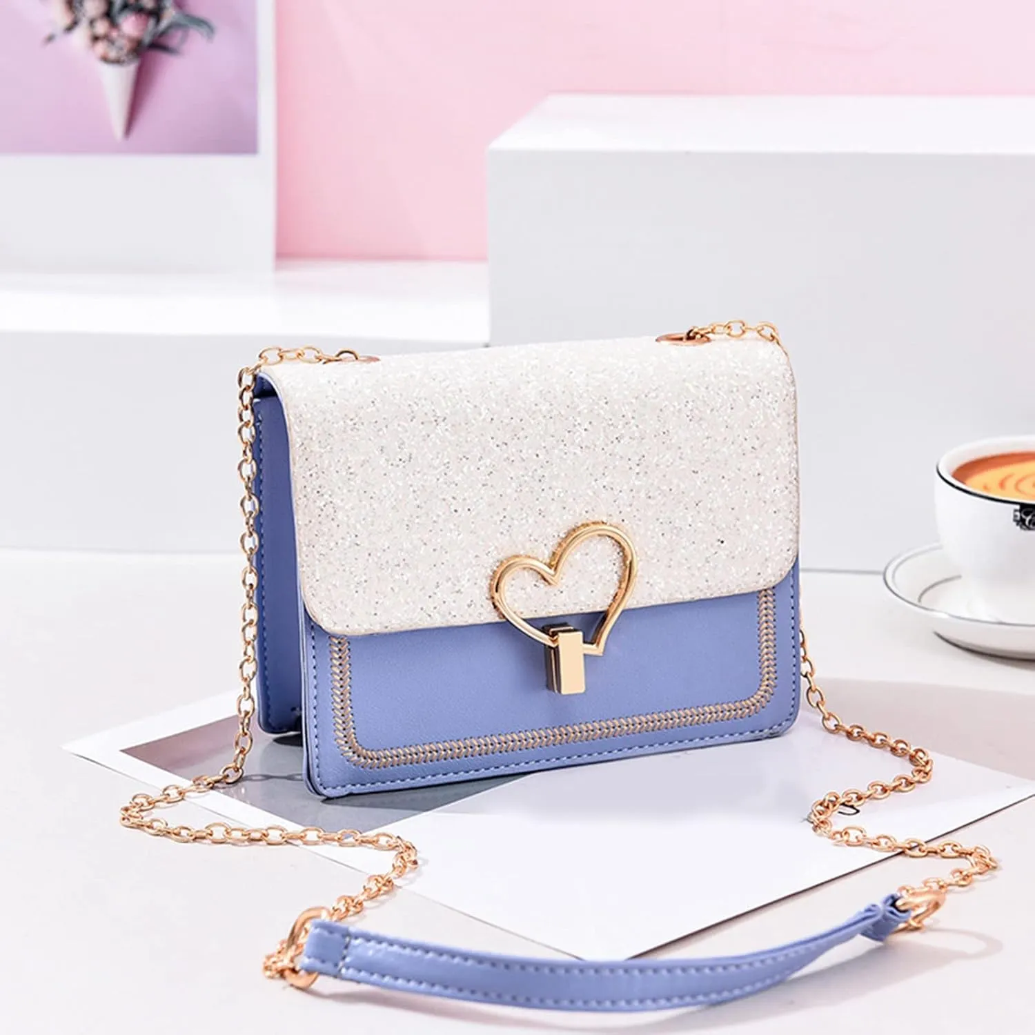 The Version Chain Bag With Lock Buckle Is Fashionable Simple And Versatile One Shoulder Crossbody Bag (Blue, One Size)
