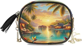 Tropical Beach Sunset Crossbody Bags for Women Small Purses Leather Purse Handbags Crossbody Bag with Detachable Chain Clutch Purses Cell Phone Purse Evening Bag