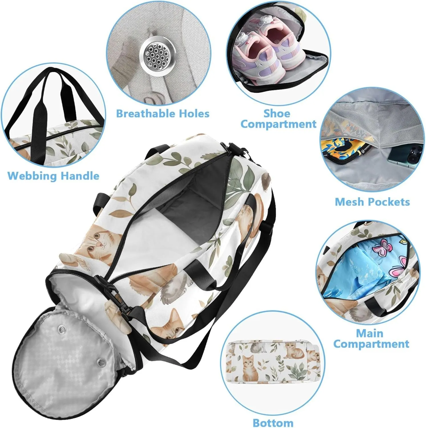 Watercolor Cute Cats White Girls Duffle Bags Travel Tote Weekender Overnight Gym Duffle Kids Luggage Carry on Duffel for Boys