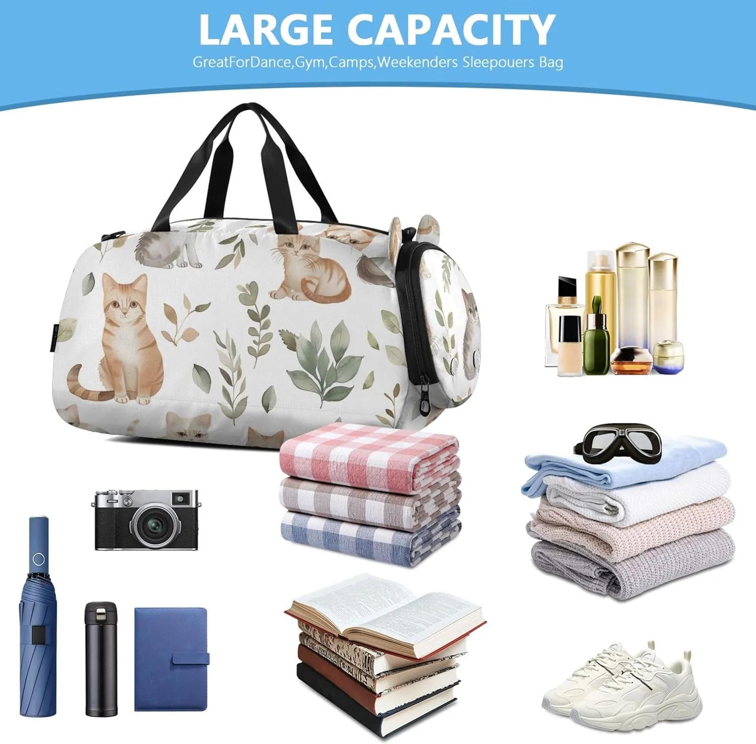 Watercolor Cute Cats White Girls Duffle Bags Travel Tote Weekender Overnight Gym Duffle Kids Luggage Carry on Duffel for Boys