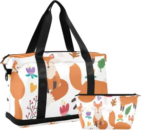 Weekender Bag Set Cartoon Fox Woodland Animal Sport Travel Duffel Bag Large Tote Bag with Shoe Compartment