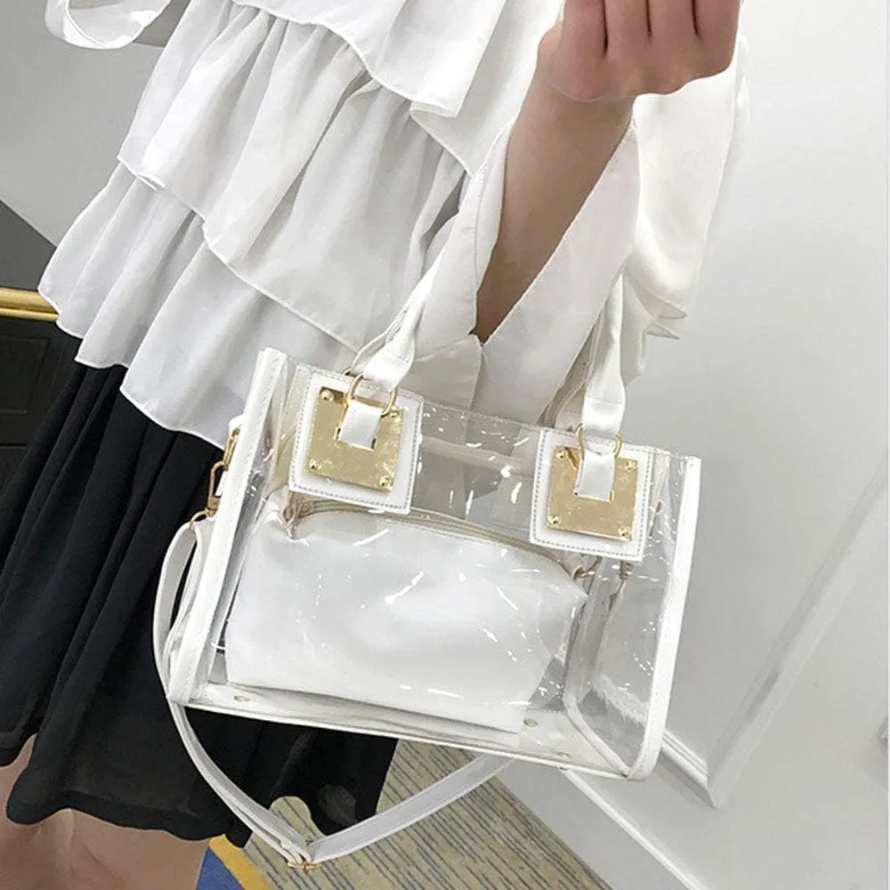 Women 2 Pcs Small Clear Tote Beach Shoulder Top-handle Bag PVC Transparent Satchel Handbag Purse