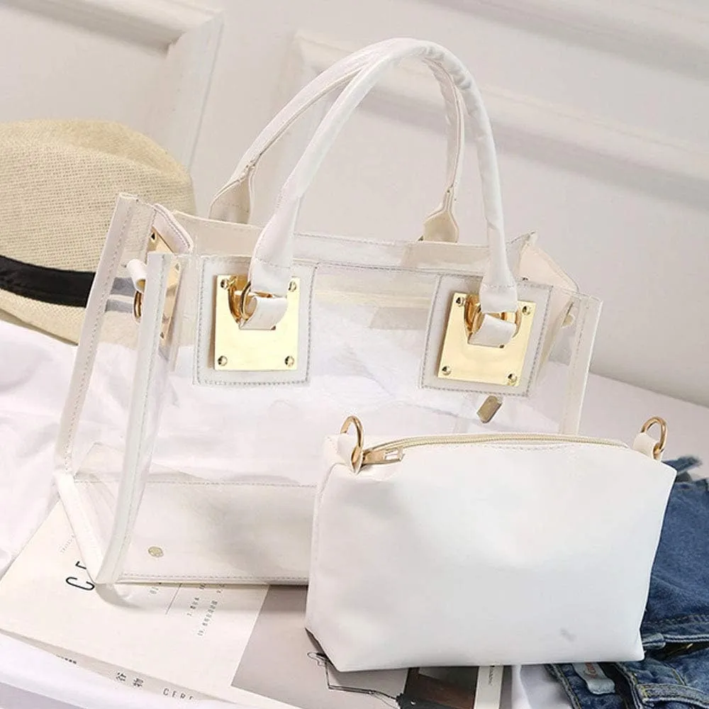 Women 2 Pcs Small Clear Tote Beach Shoulder Top-handle Bag PVC Transparent Satchel Handbag Purse