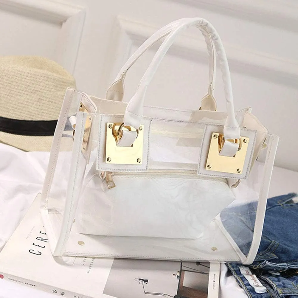 Women 2 Pcs Small Clear Tote Beach Shoulder Top-handle Bag PVC Transparent Satchel Handbag Purse