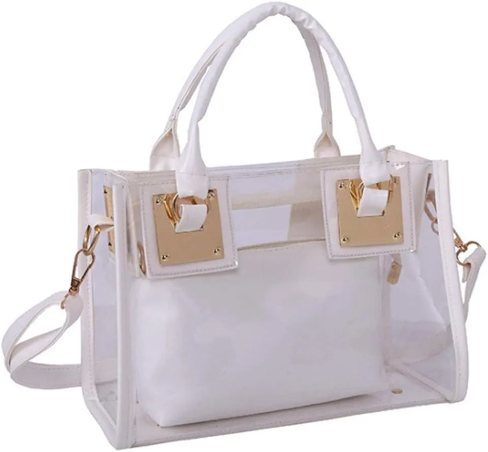 Women 2 Pcs Small Clear Tote Beach Shoulder Top-handle Bag PVC Transparent Satchel Handbag Purse