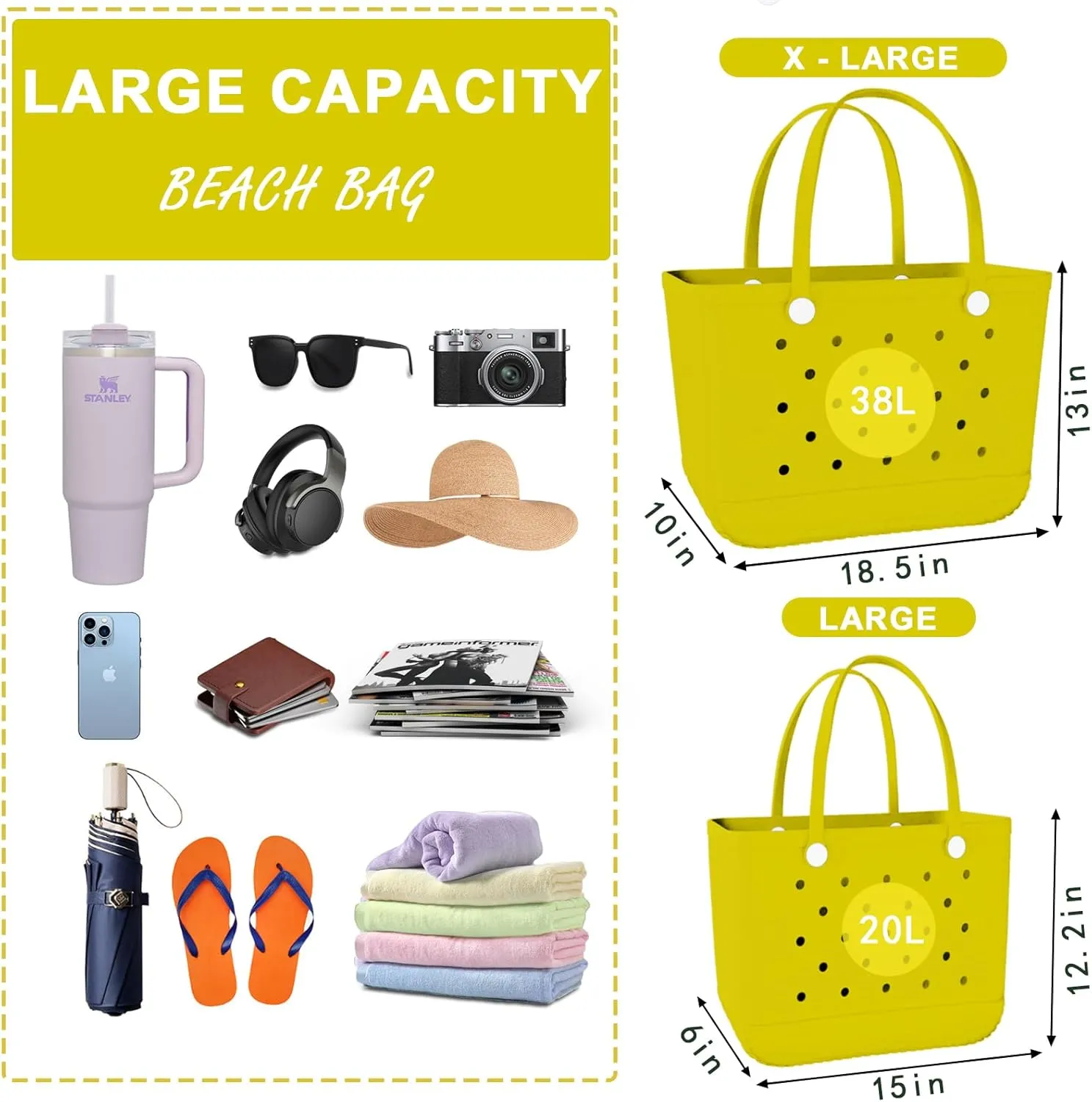X-Large Rubber Beach Bag Tote Waterproof Tote Bag with Zipper Pocket Modern Travel Tote Bag Sports Beach