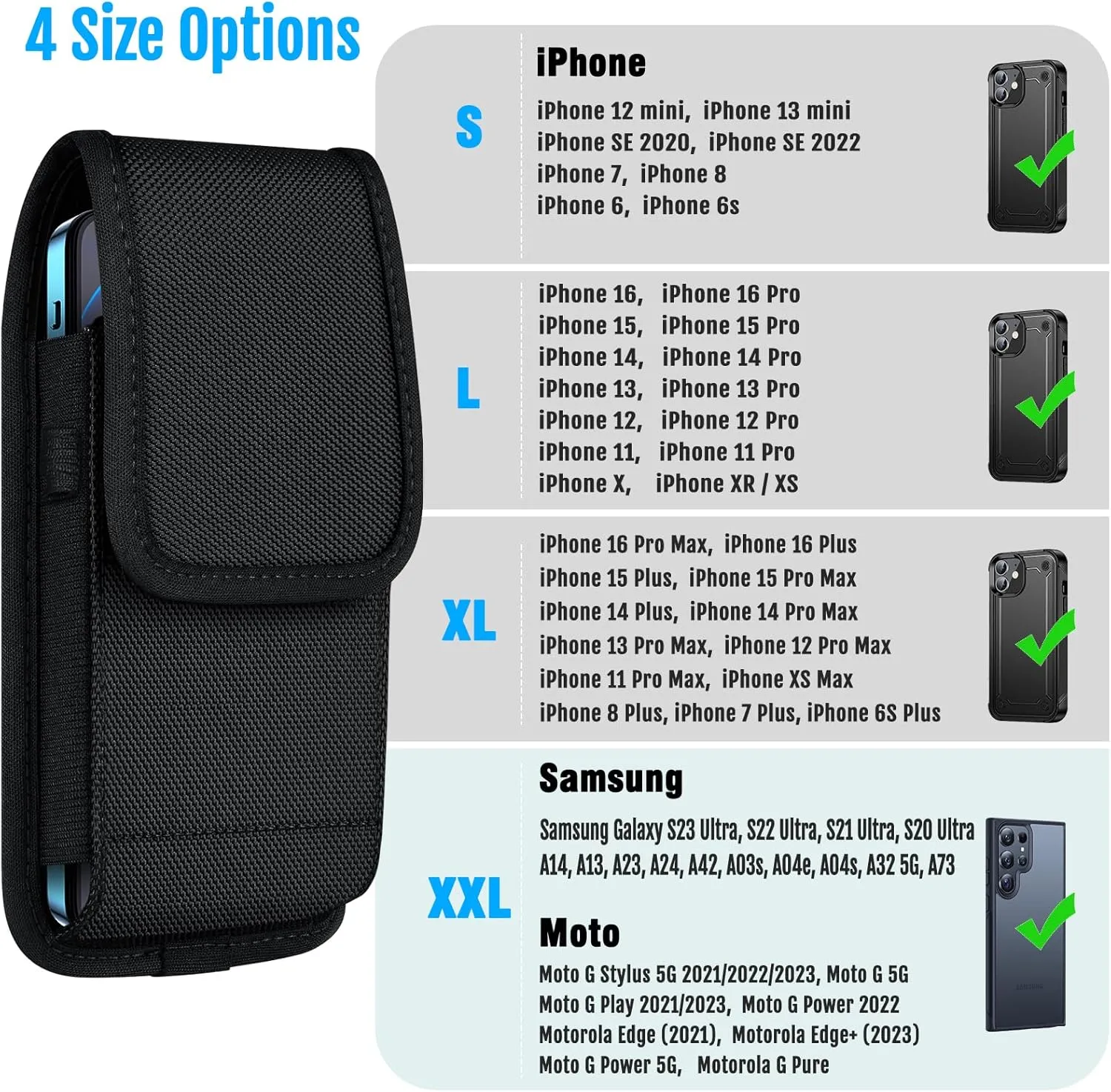 ykooe Cell Phone Pouch Nylon Belt Holster Case Compatible with iPhone 16 15 14 13 12 11 & Pro Models, XR, Samsung Galaxy S20 S21 S22 S23 S24 S25, BlackL