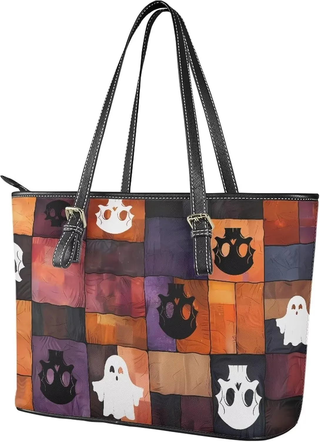 Zipper Tote Bag for Women, Boho Folk Art Faux Leather Top Handle Handbags, Large Hobo Handbags Shoulder Work Bag